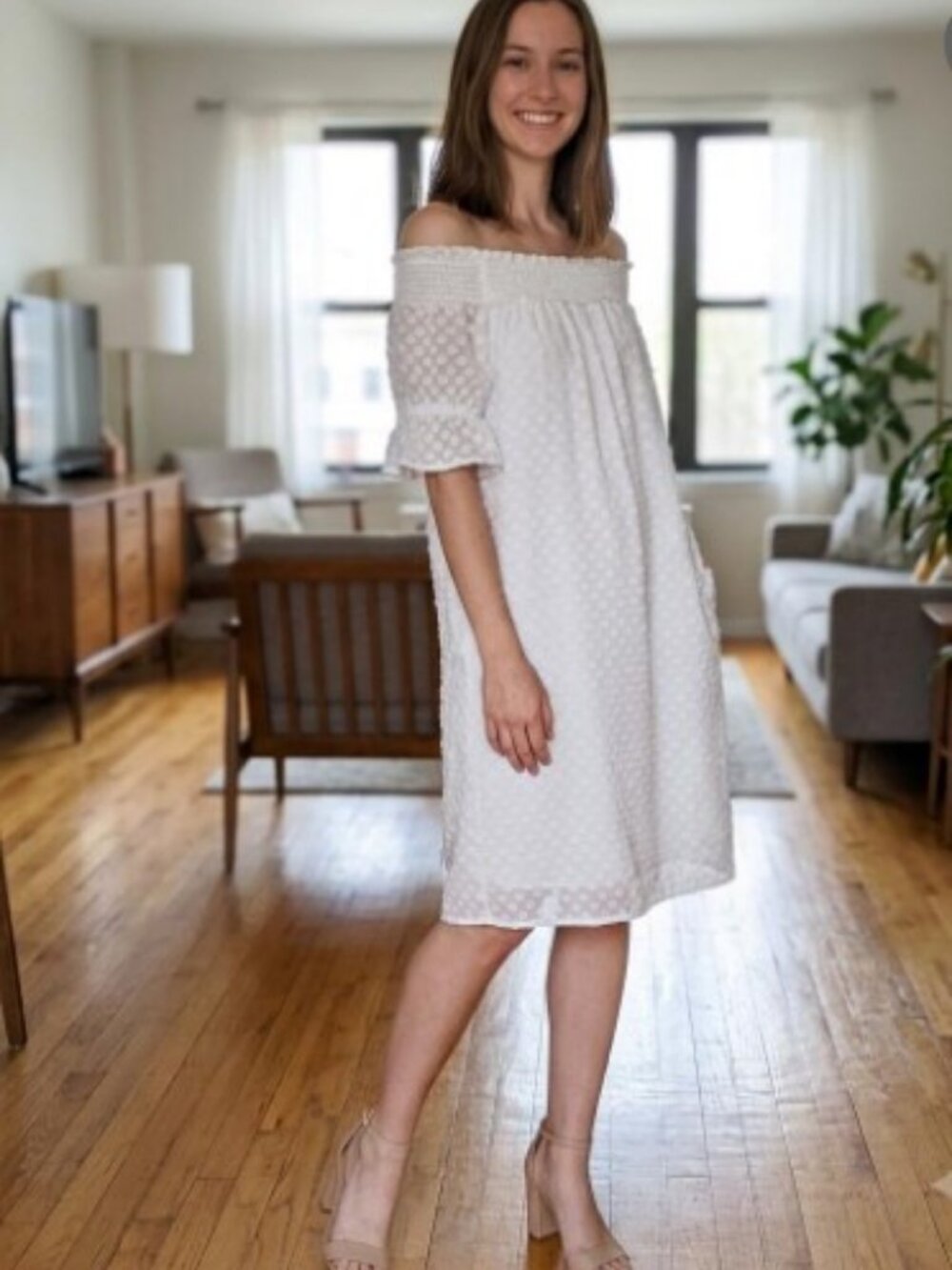 CeCe Cottagecore White Polka Dot Overlay Dress with Shirred Shoulders Size 4
